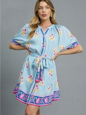 Light Blue Floral Tie-Waist Babydoll Dress